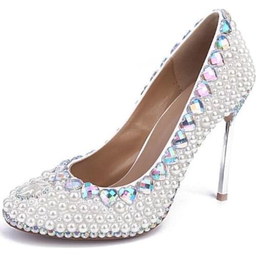 Bridal Wedding Pumps Pearl Silver Stiletto Heel White Pearl Wedding Shoes Rhinestone Thin Heels Bridal Comfortable Party Shoes