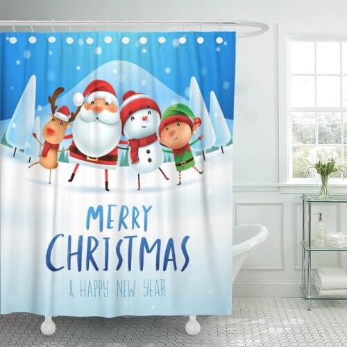 Merry Christmas Happy Companions Santa Claus Snowman Reindeer Shower Curtain Waterproof Polyester 60 x 72 inches Set with Hooks