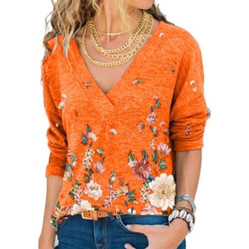 2021 Women Blouse V Neck Floral Print Autumn Winter Long Sleeve Pullover Loose Skin-friendly Female Top for Daily Life Grey xxxl