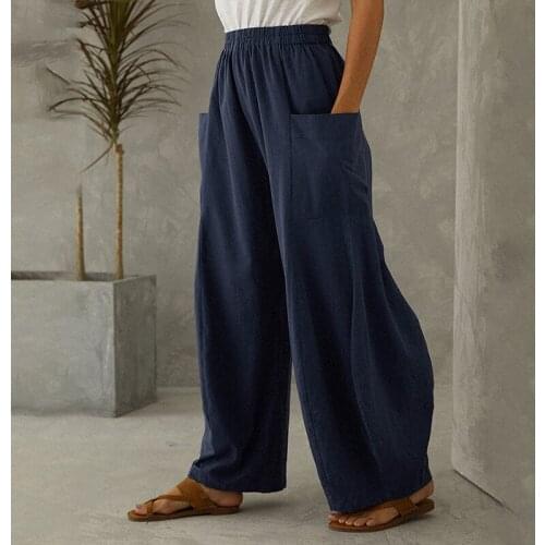 Womens Baggy Trousers Pants Elastic Waist Wide Leg Trousers Casual Ladies Loose Plus Size Pants
