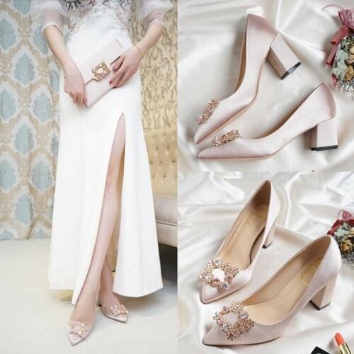 Ladies High Heels 5 7cm Thick Square Pointed Toe Metal Stone Buckle Decoration Champagne Color Pregnant Women Bride Mother Shoes