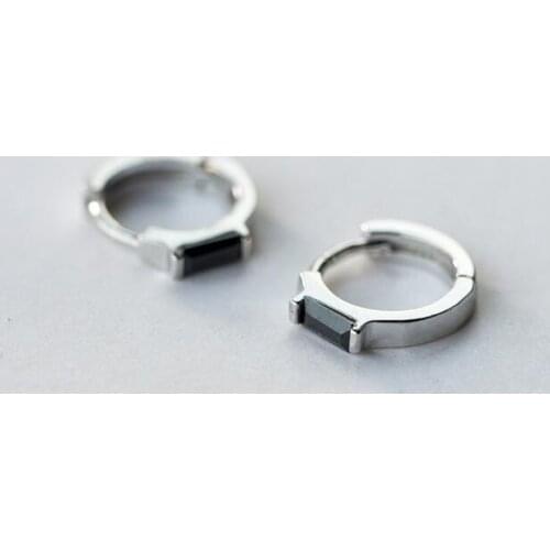 1pair REAL. 925 Sterling SIlver Fine Jewelry Black Zirconia geometric Hoop Huggie Earrings GTLE2237