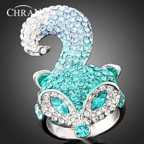 CHRAN Exquisite Animal Fox Shape Crystal Rings for Christmas Gifts Fashion Silver Colory Statement Ladies Finger Rings