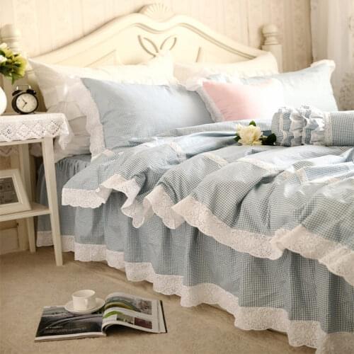 European style classic bule plaid bedding set embroidered ruffle duvet cover elegant bedspread wrinkle bed sheet bedding sets