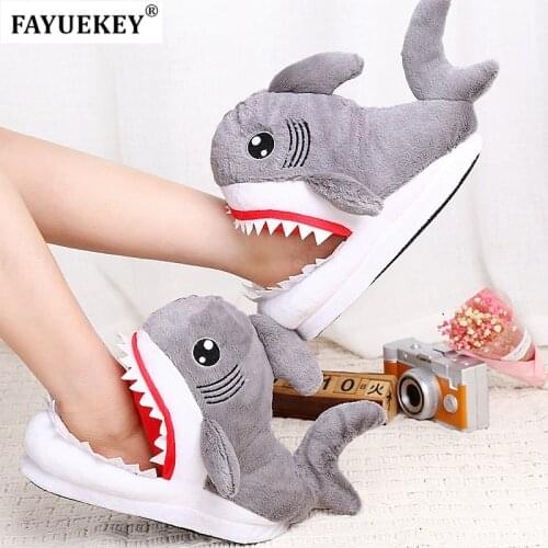 FAYUEKEY Winter Soft Cotton Plush Cartoon Shark Home Slippers Women Indoor\Floor Thicken Warm Girls Slippers Flat Shoes Gift