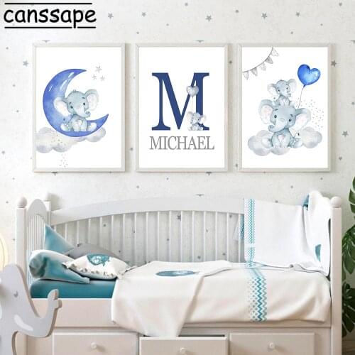 Blue Moon Balloon Canvas Painting Elephant Art Print Nursery Wall Poster Custom Name Posters Nordic Wall Pictures Boy Room Decor
