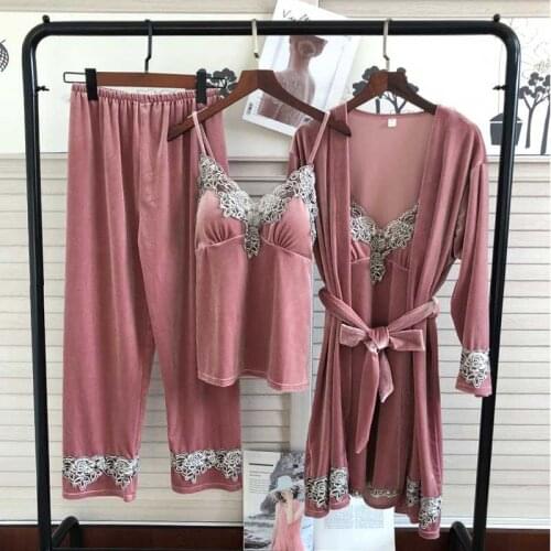 Women Robe And Gown Set 4 Pcs Gold Velvet Sexy Lace Sleepwear Loungewear Female Home Sleep Set Winter Nightwear Warm Loungewear