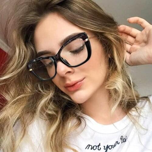 Multi-sided Cutting Retro Cat Eye Glasses TR90 Metal Frame Clear Lens Flat Mirror Trend Eyewear Anti-blue light blue Film Lens