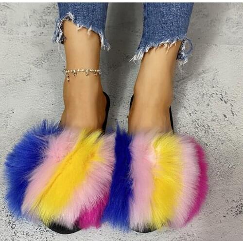 Faux Fur Slippers Summer Shoes Women Slides Home Furry Flat Sandals Female Designer Fashion Plush Flip Flops New Arrive Slipper