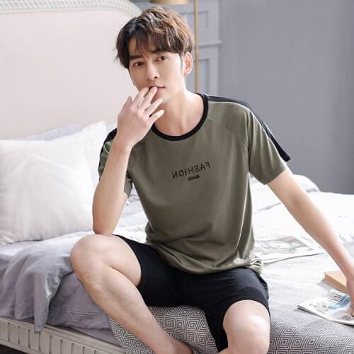 Mens Big Size Lounge Wear Full Pure Cotton Pajamas Summer Raglan Sleeves Shorts Pijamas Hombre Fashion Letter Pullover Homewear