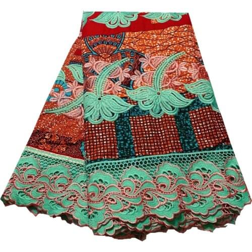 Latest African Wax Print Fabric Embroidered African Ankara Wax Lace Fabric With Guipure Lace Border For Daily Party Dress DF-15