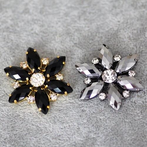 2pcs 35mm black Flower Shape Sew On Rhinestone With Claw Setting Gold Back Fancy Stone With Metal Claw For clothing decoration