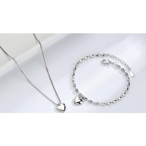 Luxury 925 Sterling Silver Peach Love Heart Shaped Necklace+Bracelet for Women Wedding Jewelry Girlfriend Gift Statement Bijoux