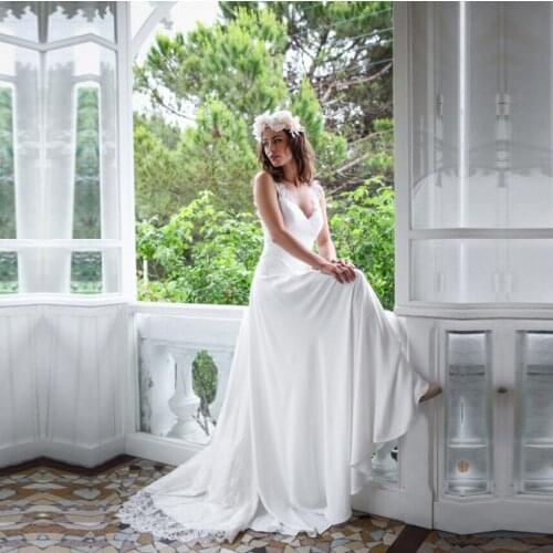 Vestido De Noiva Chiffon V Neck Wedding Dress 2021 Sexy Appliques Lace White Ivory Backless Bride Dress Sleeveless