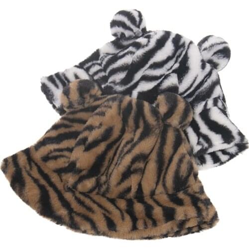 New Zebra Striped Print Winter Warm Hats For Women Faux Fur Fisherman Hat Soft Velvet Dome Fisherman Cap Outdoor Street Cap 2021