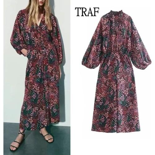 TRAF Za 2021 Long Jumpsuit Women Autumn Vintage Print Loose Jumpsuit Woman Elegant Long Sleeve Chic Holiday Woman Clothes Tops