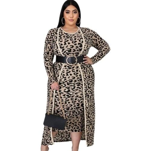 2021 Clothing New Fashion Popite Fat Mm Large Leopard Pattern Slim Two Piece Cardigan Coat + Dress