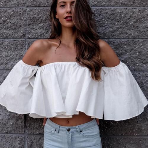 Hirigin New solid top Summer Off Shoulder Sexy T-Shirt Women Slash Neck Crop Top Lotus Leaf Women Tops Solid T-Shirt