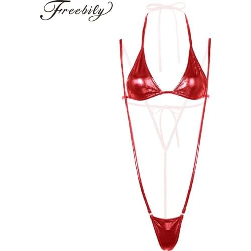 Womens Erotic Shiny Metallic Mini Micro Bikini Bodycon Lingerie Wetlook Bodystocking T-Back Thong for Baby Doll Night Clubwear