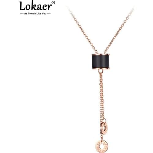 Lokaer White/Black Ceramics Circle Charms Necklaces Roman Numerals Rose Gold Stainless Steel Pendant Jewelry For Women N19039
