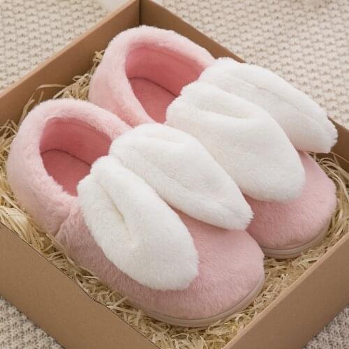 Winter Cute Bunny Ears Cotton Slippers Cartoon Plush Home Slippers Women Couples Non-Slip Indoor Cozy Bedroom Warm Soft Slipper