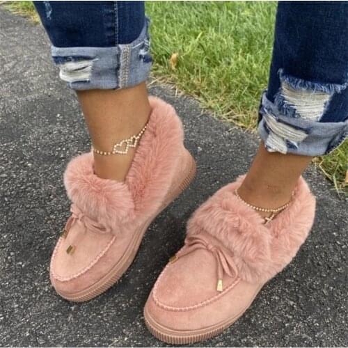 Winter Women Fur Shoes Fashion Bowknot Fluffy Slip-on Snow Boots Autumn Casual Warm Suede Plush Ladies Flat Platform Shoes