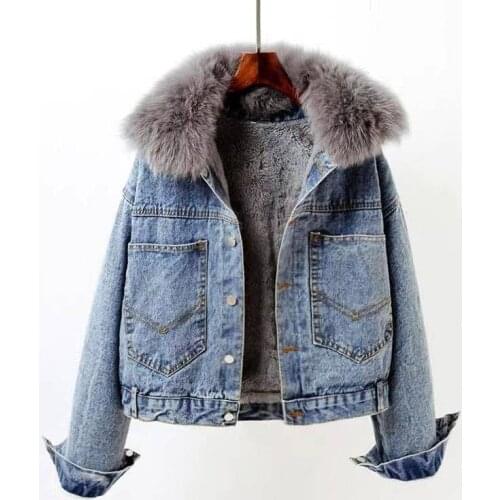 Winter Casual Solid Fur Collar Denim Jacket Female Loose Single Breasted Plus Velvet Thickened Parkas Women