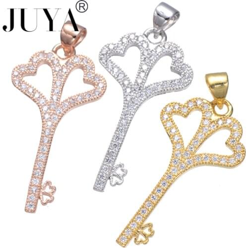 Accessories For Jewelry High Quality Copper Metal Inlaid AAA Zircon Rhinestone Heart Key Charm Pendants For Jewellery Making