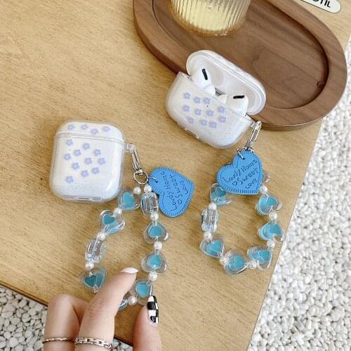 Blue flowers For Airpods 2 case Earphone protective sleeve For Airpods 3 pro cases Soft silicone Cover with Love Hanging Chain