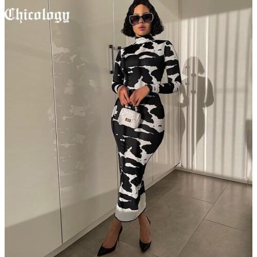 Chicology 2021 Women Autumn Cow Print Long Sleeve High Neck Stretchy Midi Fashion Streetwear Bodycon Outfits Dress