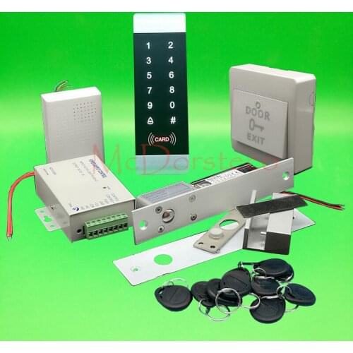 DIY Complete 125khz Rfid Glass Door Lock control system Electric Bolt Lock +Power supply+exit button+keyfobs