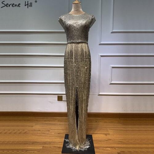 Dubai Design Gold O-Neck Luxruy Prom Dresses Tassel Beading Sleeveless High-end Prom Gowns Serene Hill BLA60870