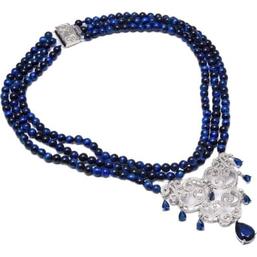 GuaiGuai Jewelry Natural Stone 3 Strands Blue Round Tiger Eye Necklace CZ Flower Pave Pendant 18"