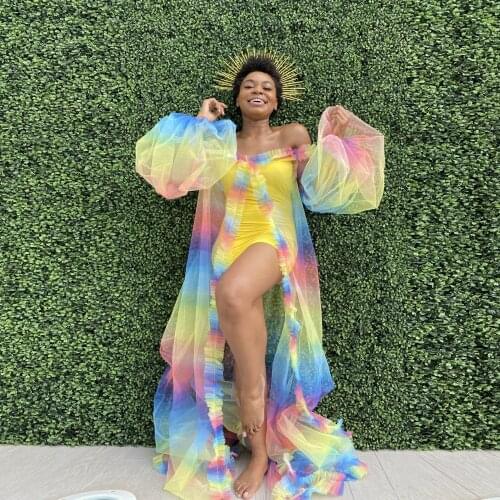 Colorful Candy Rainbow Tulle Women Dress Sexy Sheer Bridal Women Outfit Long Robe Maternity Dress To Photo Shoots