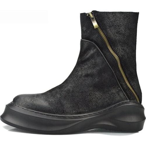 Top Brand Cow Genuine Leather Fashion Thick Platform Mens Boots Harajuku Zipper Round Toe Man Footwear Vintage Rock Shoes