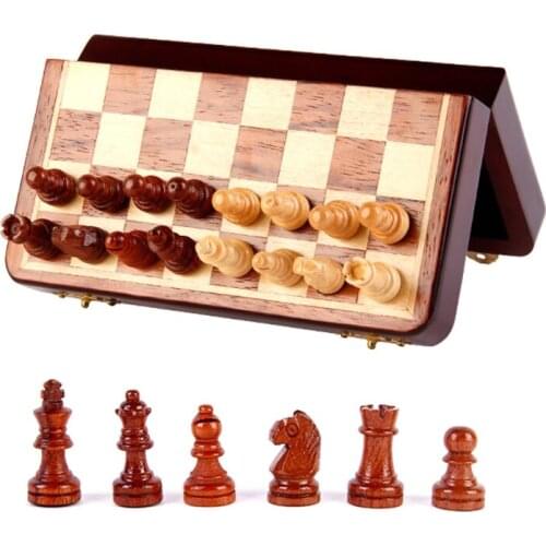 Q6PD Magnetic Wooden Chess Set with Folding Chess Board Lockable Case Puzzle Game Toy