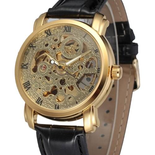Fashion WINNER Top Man Brand Gold Skeleton Genuine Leather Strap Watch Mechanical Hand Wind Wristwatches Gift Relogio Releges