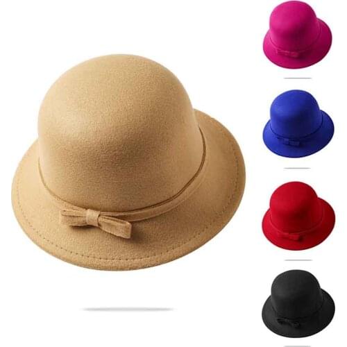 Kids' Winter Elegant Foldable Wool Felt Bucket Hat With Bow Children Fishing Hats Floppy Solid Caps Sun Protection For Baby Girl