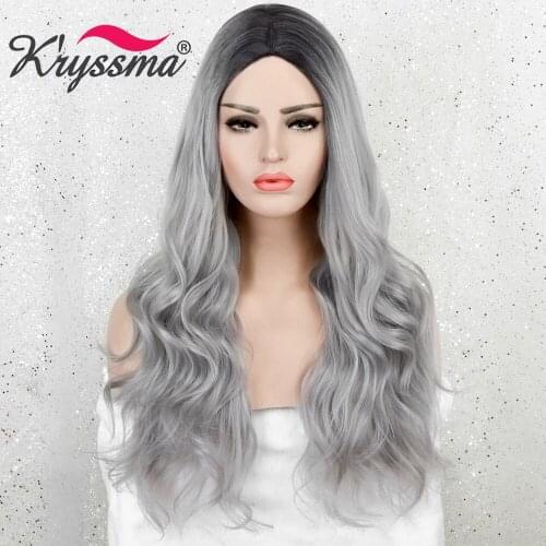 Kryssma Cosplay Wigs For Halloween Party Mixed Black Heat Resistant Fiber Hair Ombre Grey Wig Long Wavy Synthetic Wigs For Women