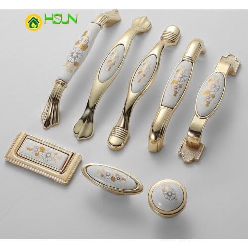 Europe Furniture Cabinet Drawer Wardrobe Handle Knob Gold Ceramic Metal Flowers For House Home Hotel Room