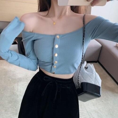 Metal Buckle Sexy off-Shoulder Solid Color Long Sleeve Autumn New Elastic Slim Fit Slimming T-shirt Top