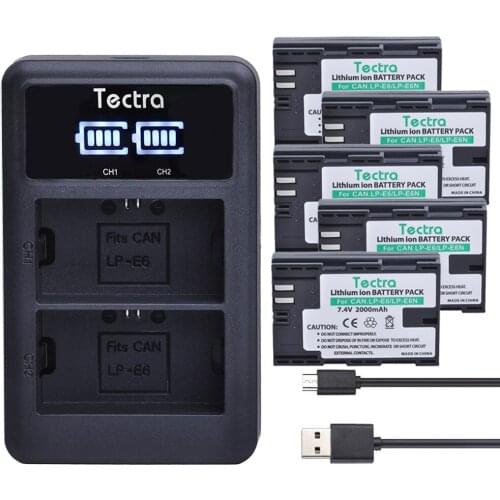 Tectra 5 x LP-E6 LP E6 LP E6N digital bateria +LED Display USB Dual Charger for Canon 5DS 5D Mark II Mark III 6D 7D 60D 60Da 70D