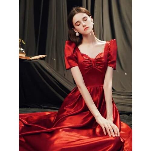 Vintage Red Evening Dress 2021 Princess Corset Satin A-line Long Festival Formal Prom Gown Short Sleeve Christmas Cocktail Dress