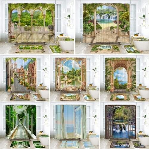 3D Waterproof Fabric Polyester Shower Curtains Set Patio Landscape Flowers Style Bath Decor Toilet Cover Mat Non Slip Rug Sets
