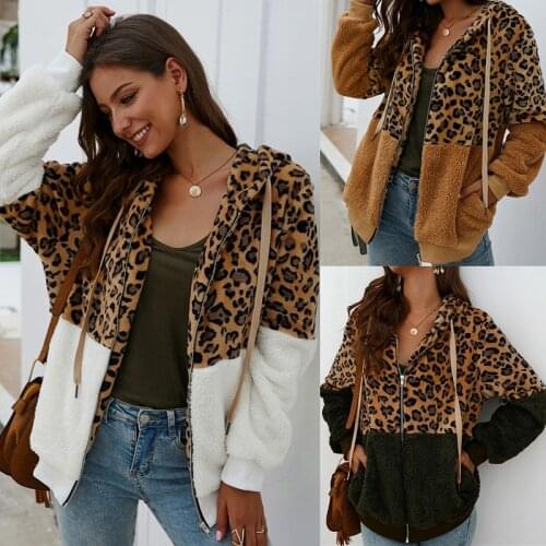 2020 Leopard Print Patchwork Women Teddy Coat Autumn Hooded Fluffy Plush Winter Faux Fur Jacket Coat Women Plus Size Overcoat