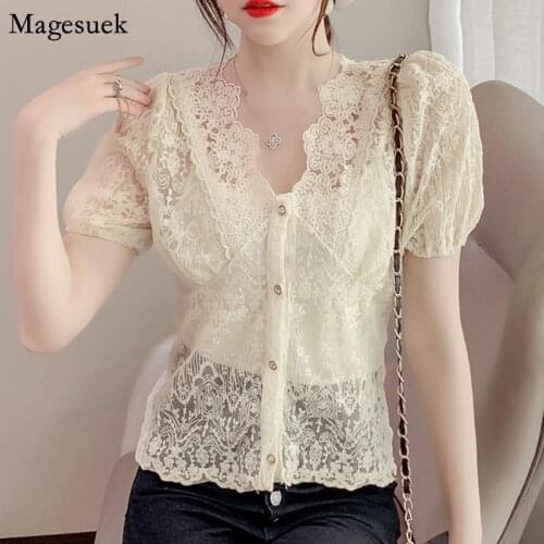 2021 Summer Sexy See Through Lace Womens Shirt Short-Sleeve Chemise Femme Korean Chic V-neck Woman Blouses Tops Two Piece 14069