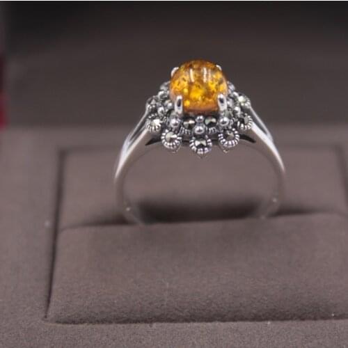 Fine S925 Silver&Yellow Amber Ring 13mmW For Women Zircon Lace Ring Size US 5-9