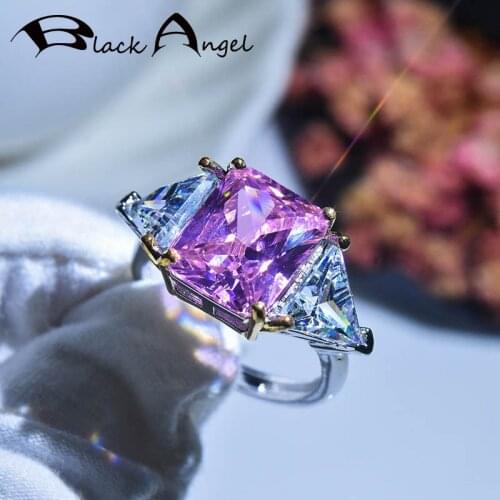 BLACK ANGEL New 925 Sterling Silver Ring Inlaid Shiny Princess Square Pink Zircon White Gemstone For Women Wedding Jewelry Gift