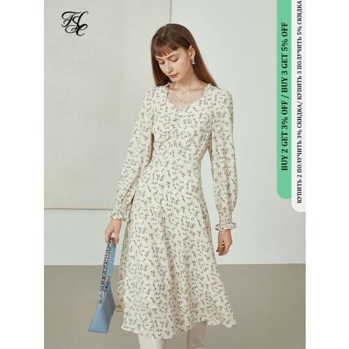 FANSILANEN Office Lady Loose Chiffon Floral Light Yellow Dress Autumn 2021 New Womens Long Sleeve V-neck Tea Break Women Dress