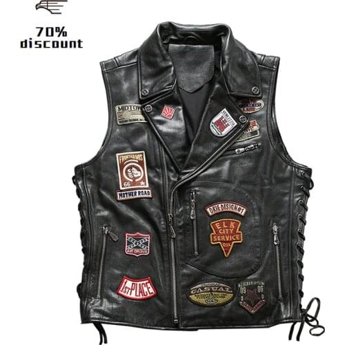 2020 Black Men Slim Fit Motorcycle Leather Vest Plus Size XXXXL Genuine Cowhide Spring Short Pattern Bikers Vest FREE SHIPPING